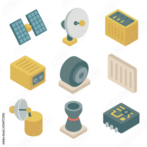 Satellite Component Icons. Isometric Flat icon set of satellite components: solar array, antenna dish, battery pack, transponder