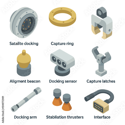 Docking Mechanisms Icons. Isometric Flat icon set of docking and berthing mechanisms: satellite docking port, capture ring,