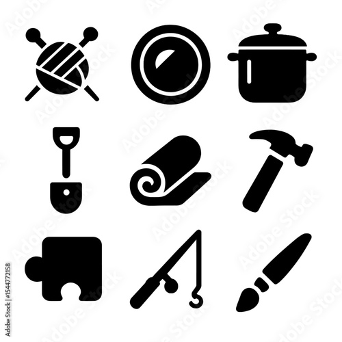 Hobby Icons Collection. Solid, filled icons set of learning new hobbies: knitting icon, camera lens, cooking