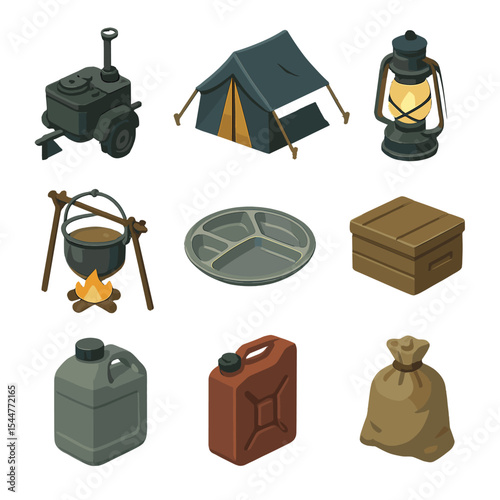 Nighttime Field Kitchen Icons. Isometric Flat icon set of field kitchen at night: mobile stove, mess tent, lantern, cook pot,