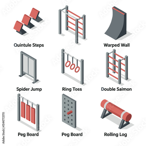 Ninja Warrior Obstacle Icons. Isometric Flat icon set of ninja warrior obstacles: quintuple steps, salmon ladder, warped wall,