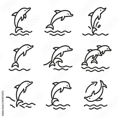 Dolphin Jump Icon Set. Outline icon set of dolphin jump behaviors: breach jump, porpoising run, tail-slap exit, spin leap, bow