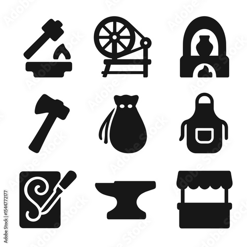 Historical Trades Icons. Solid, filled icons set of historical trades and craftsmanship: forge hammer, loom