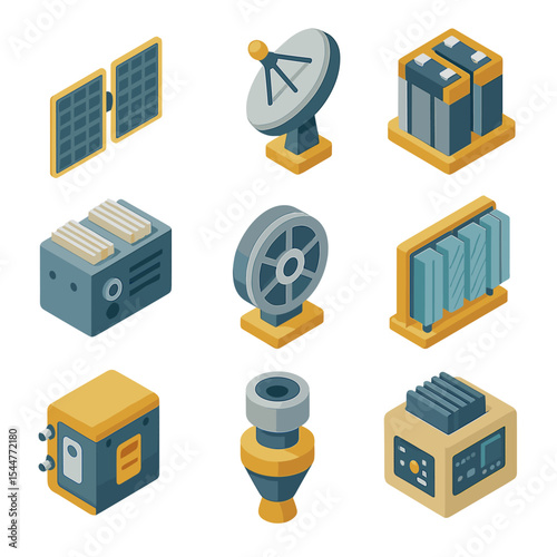 Satellite Component Icons. Isometric Flat icon set of satellite components: solar array, antenna dish, battery pack, transponder