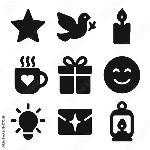 Holiday Icon Harmony. Solid, filled icons set of holiday card messages and wishes: star icon, peaceful wish,