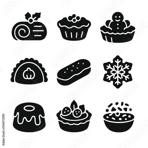 Holiday Pastry Icons. Solid, filled icons set of holiday pastries and desserts: yule log, mince pie,