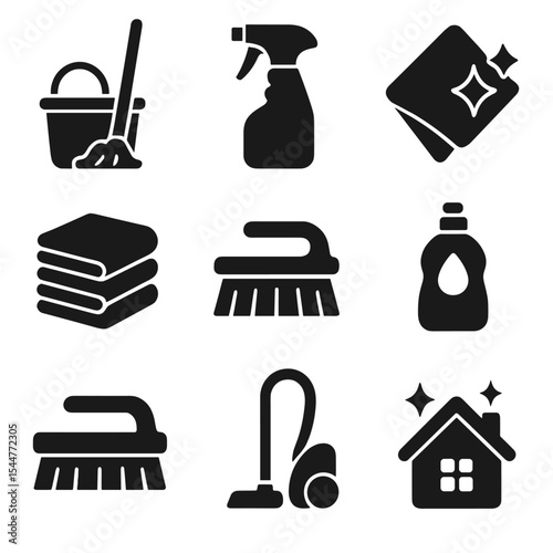 Home Cleaning Icons. Solid, filled icons set of home care and cleaning: mop bucket, cleaning spray, microfiber cloth, vacuum, fresh towel stack, 