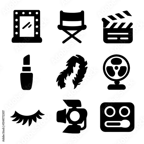 Hollywood Vanity Icons. Solid, filled icons set of Hollywood-style vanity decor: bulb frame mirror, director