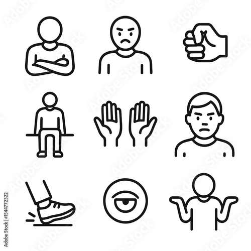 Nonverbal Cue Icons. Outline icon set of recognizing nonverbal cues: crossed arms, furrowed brow, clenched fist, relaxed posture,
