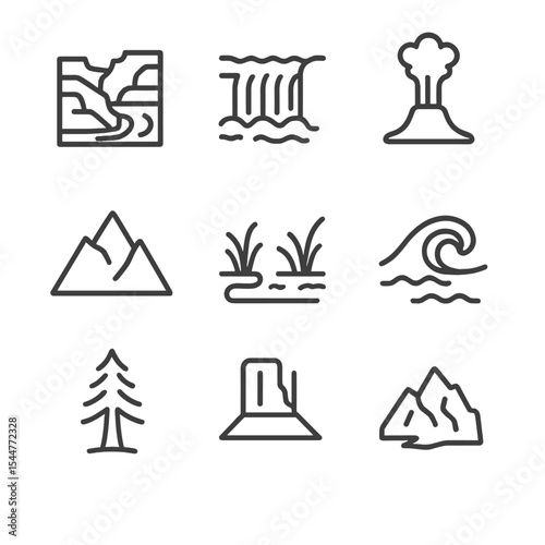 North American Wonders Icons. Outline icon set of North American natural wonders: Grand Canyon, Niagara Falls, Yellowstone geyser,