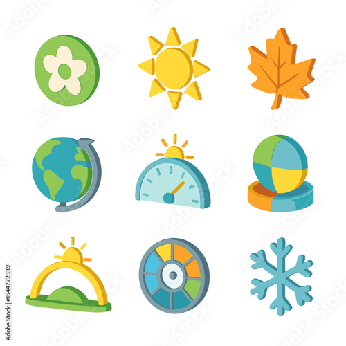 Seasonal Icon Set. Isometric Flat icon set of seasonal cycles: vernal equinox symbol, summer solstice sun, autumnal equinox leaf,