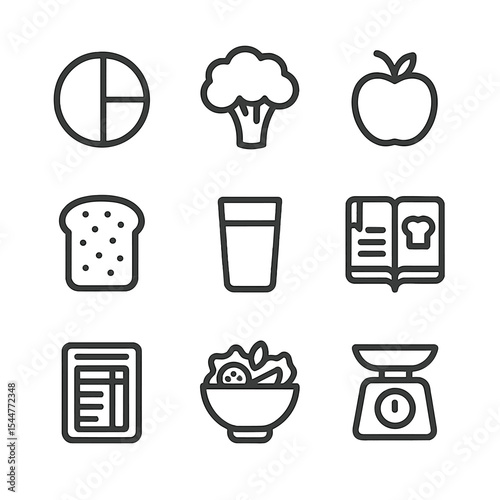 Nutritional Planning Icons. Outline icon set of nutritional planning: meal plate, broccoli, apple, whole grain bread, water glass,