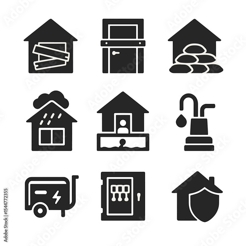 Home Defense Icons. Solid, filled icons set of home protection systems: boarded windows, reinforced door,