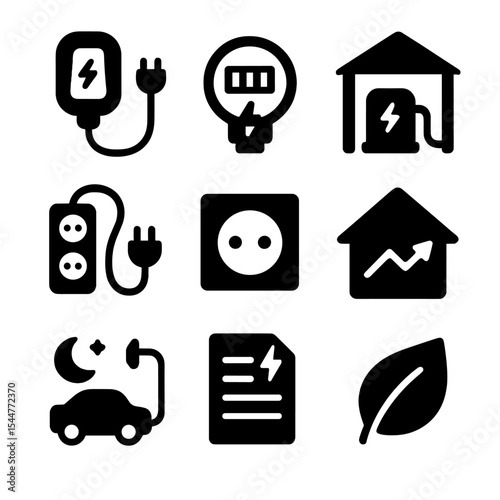 Home EV Charging Icons. Solid, filled icons set of home EV charging solutions: home wall charger, electric meter, garage charger, extension cord, wall socket