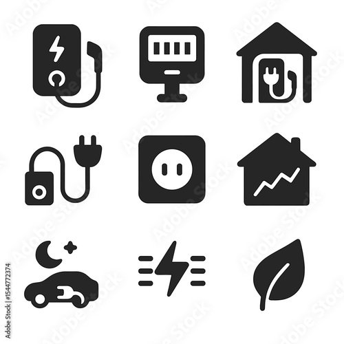 Home EV Charging Icons. Solid, filled icons set of home EV charging solutions: home wall charger, electric meter, garage charger, extension cord, wall socket, 