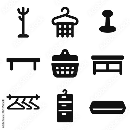 Home Storage Icons. Solid, filled icons set of home hallway storage: coat rack, scarf hanger, hat peg, wooden shelf, wall basket, entry bench, hanging rail, hanging organizer, boot tray.