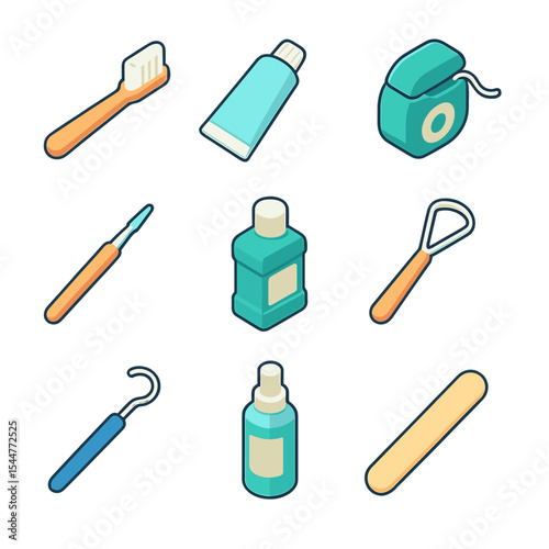 Oral Hygiene Icons. Isometric Flat icon set of Oral Hygiene Products: toothbrush, toothpaste tube, dental floss, interdental brush