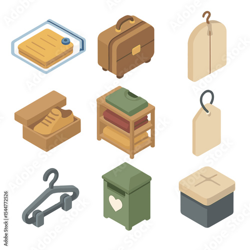 Seasonal Wardrobe Icons. Isometric Flat icon set of seasonal wardrobe rotation: storage vacuum bag, suitcase, garment bag, shoe