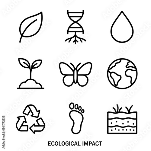 Ecological Impact Icons. Outline icon set of ecological impact: leaf outline, DNA strand with roots, water drop, tree sapling,