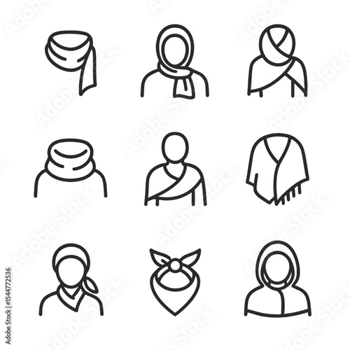 Seasonal Scarf Icons. Outline icon set of seasonal scarf use: lightweight drape, sun protection hood, windbreaker wrap, winter