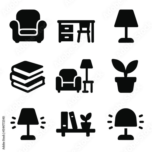 Home Study Icons. Solid, filled icons set of home school study nooks: cozy chair, study desk, soft lamp, book