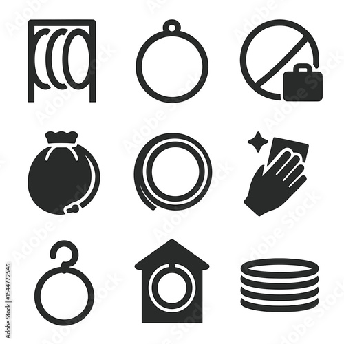 Hoop Storage Icons. Solid, filled icons set of hoop storage and care: hoop rack, storage ring, travel hoop,