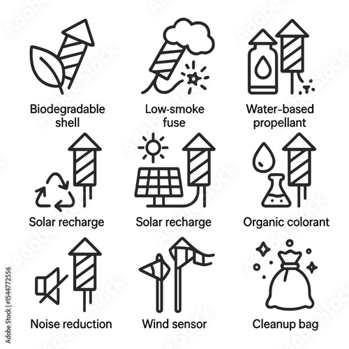 Eco-Friendly Fireworks Icons. Outline icon set of eco-friendly fireworks: biodegradable shell, low-smoke fuse, water-based
