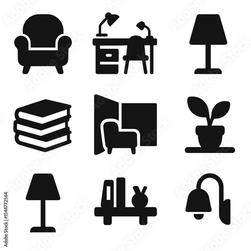 Home Study Icons. Solid, filled icons set of home school study nooks: cozy chair, study desk, soft lamp, book
