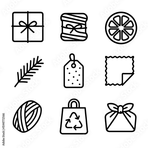 Eco-Friendly Wrapping Icons. Outline icon set of eco-friendly wrapping: kraft paper, jute twine, dried orange slice, pine sprig,