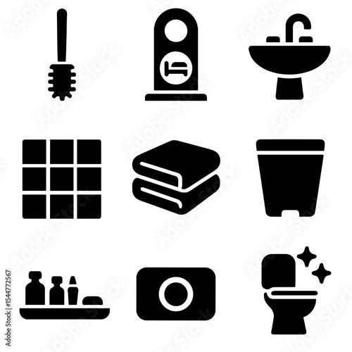 Hotel Bathroom Icon Set. Solid, filled icons set of hotel bathroom setups: uniform brush, logo holder, white
