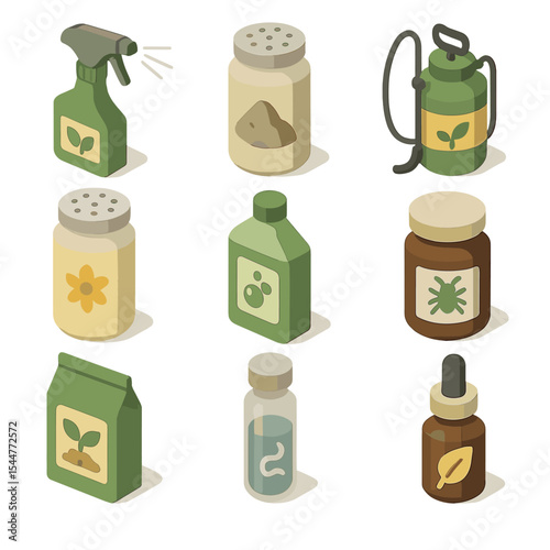 Organic IPM Icon Set. Isometric Flat icon set of organic IPM methods: neem oil spray, diatomaceous earth shaker, compost tea