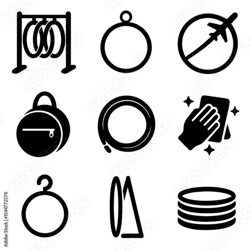 Hoop Storage Icons. Solid, filled icons set of hoop storage and care: hoop rack, storage ring, travel hoop,