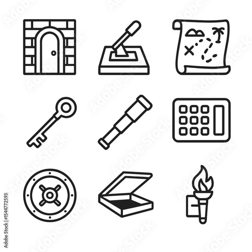Wallpaper Mural Secret Hideaway Icons. Outline icon set of secret hideaway dens: hidden door, trapdoor lever, secret map, vintage key, spyglass, Torontodigital.ca
