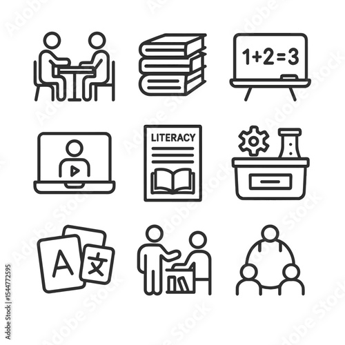 Educational Outreach Icons. Outline icon set of educational outreach: tutoring desk, book stack, chalkboard, laptop for lessons,