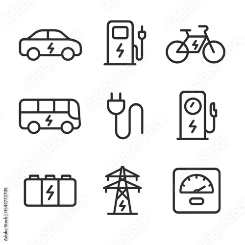 Electric Transport Icons. Outline icon set of transport electrification: electric vehicle, charging station, e-bike, electric bus,