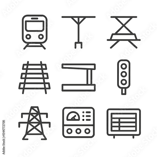 Electric Rail Icons. Outline icon set of electric rail transit: electric train, overhead catenary, pantograph arm, rail track,