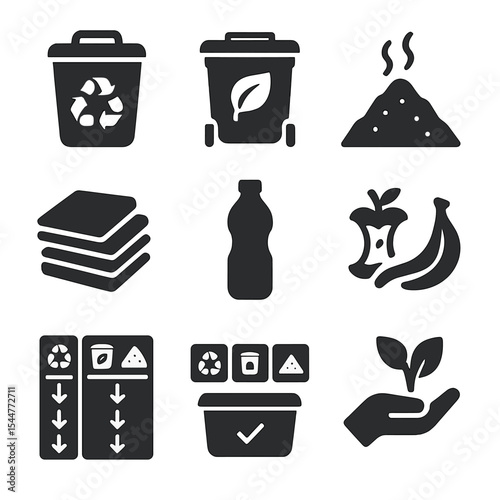 Household Waste Sorting Icons. Solid, filled icons set of household waste sorting: recycling bin, compost