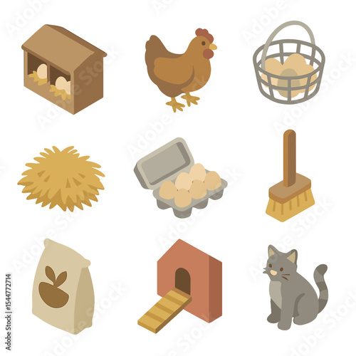 Egg Collection Icons. Isometric Flat icon set of egg collection routine: nesting box, laying hen, egg basket, straw bedding, egg