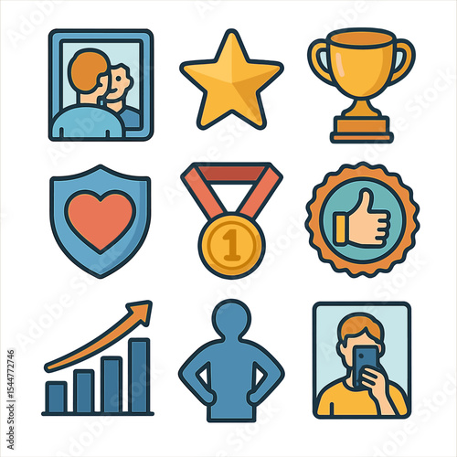 Self-Esteem Icon Set. Isometric Flat icon set of self-esteem and self-worth: mirror reflection, gold star, trophy, heart shield,
