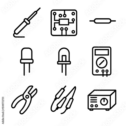Electronics Prototyping Icons. Outline icon set of electronics prototyping: soldering iron, circuit board, resistor, capacitor,