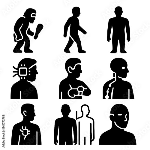 Human Evolution Icons. Solid, filled icons set of human evolution with AI: caveman, early human, modern body,