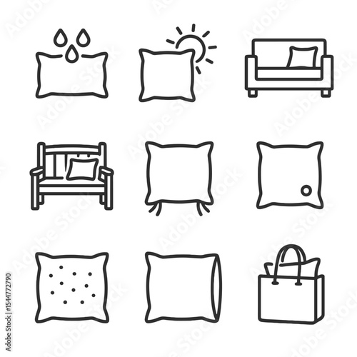 Outdoor Pillow Icons. Outline icon set of outdoor decorative pillows: waterproof fabric, UV resistant cover, patio sofa, garden
