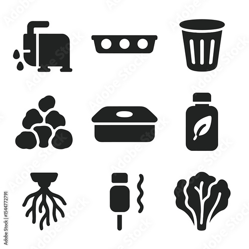 Hydroponic Gardening Icons. Solid, filled icons set of hydroponic gardening: water pump, grow channel, net pot