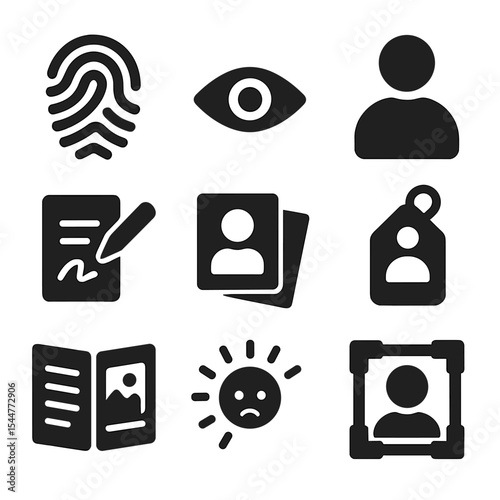 Identity and Expression Icons. Solid, filled icons set of identity and expression in photography: fingerprint