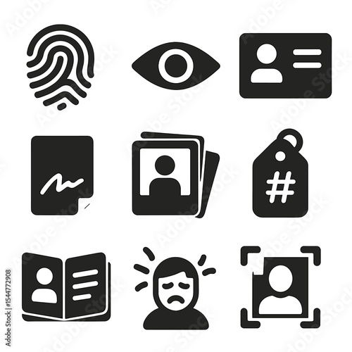 Identity and Expression Icons. Solid, filled icons set of identity and expression in photography: fingerprint