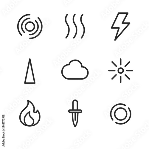 Pain Icon Set. Outline icon set of pain symptom indicators: throbbing pulse, heat wave, lightning bolt, sharp spike, dull cloud,