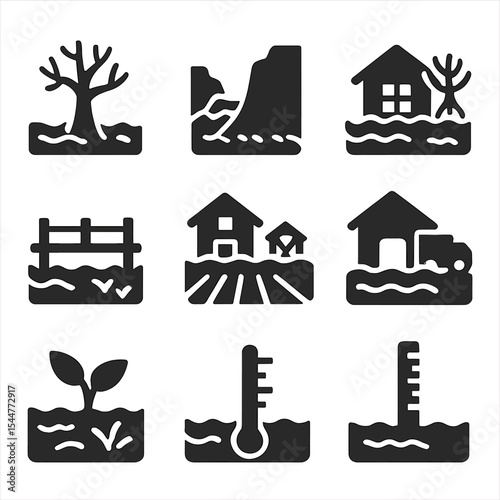 Impact of Sea Level. Solid, filled icons set of sea level rise impact: submerged tree, eroded coastline,