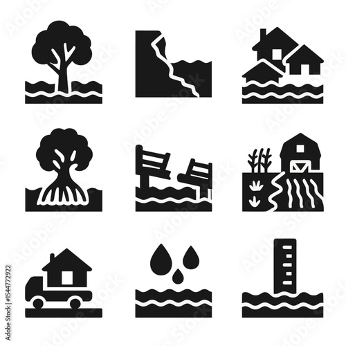 Impact of Sea Level. Solid, filled icons set of sea level rise impact: submerged tree, eroded coastline,