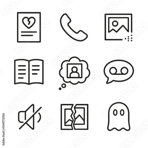 Emotional Trigger Icons. Outline icon set of emotional triggers: breakup letter, phone call icon, fading photograph, diary page,
