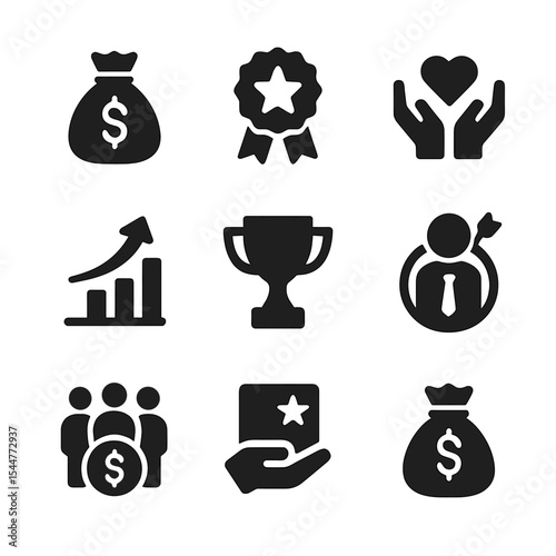 Incentive Icons Collection. Solid, filled icons set of staff incentive programs